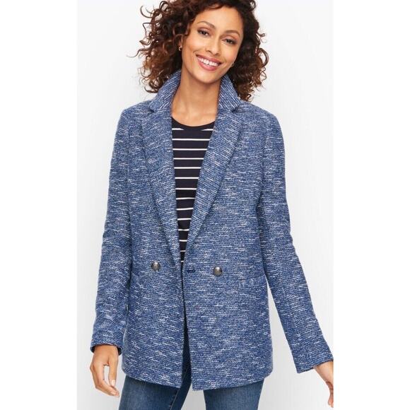 Talbots Tweed Double Breasted Blazer Womens Size 10 Blue White Classic NWT